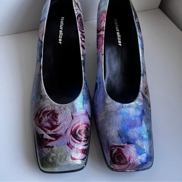 Unique custom foil pastel floral leather block heels size 8.5